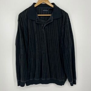 Knightsbridge Mens Black Striped Velour Long Sleeve Polo Shirt Large Vtg 90s